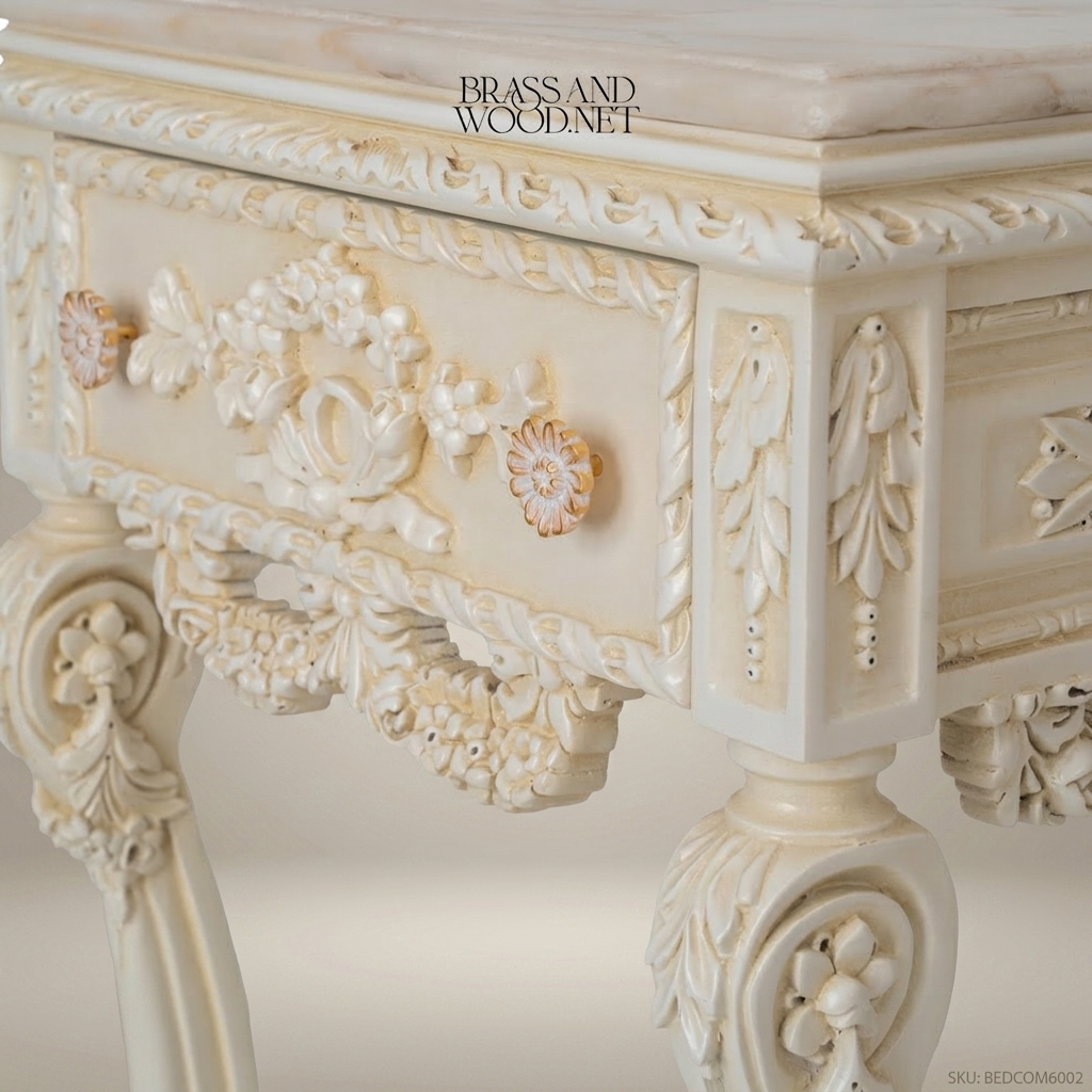 Napoleon III Rococo Revival Carved Ivory Bedroom Set - Cartouche Medallion Footboard & Cabriole Legs