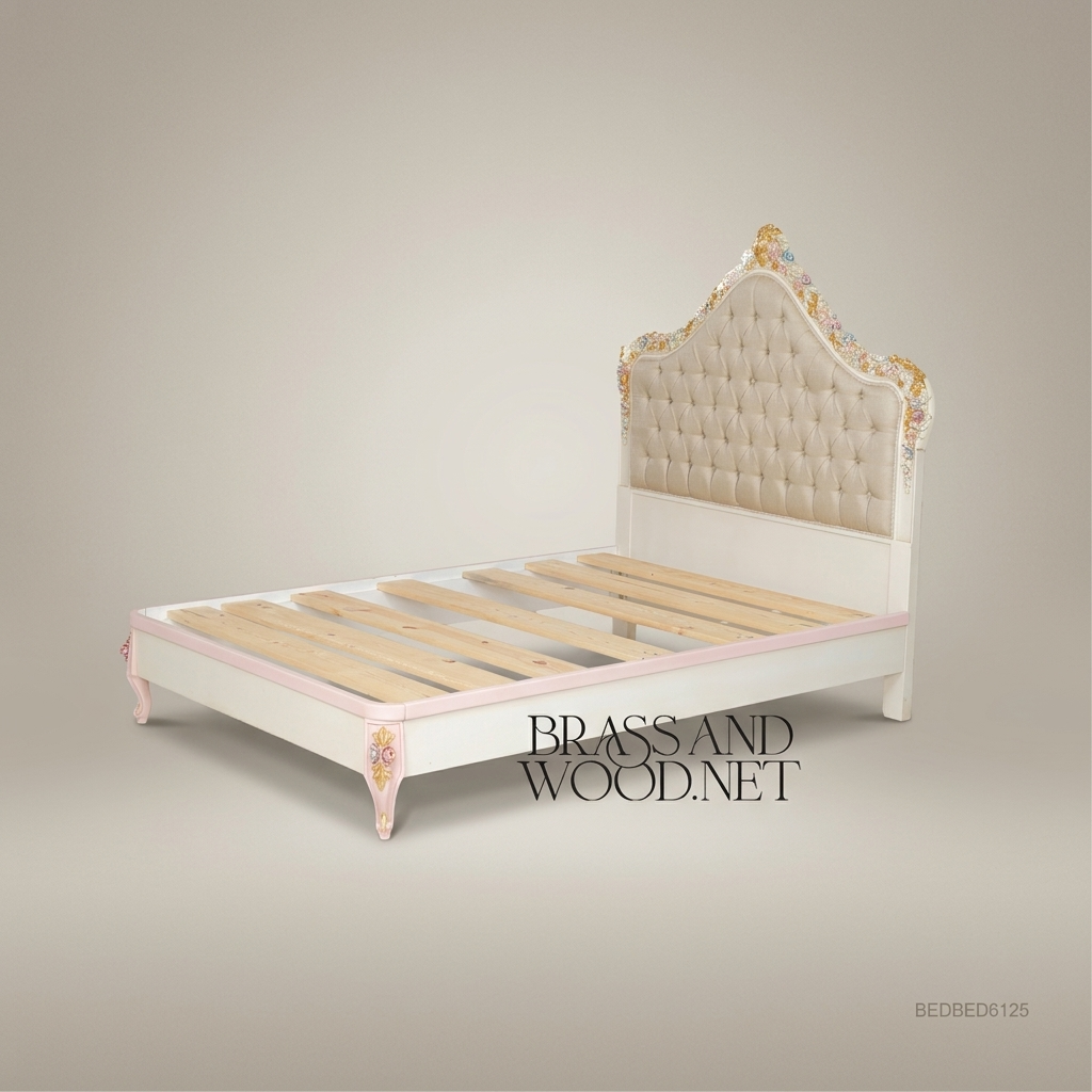 Napoleon III Rococo Revival Bedroom Set — Polychrome Floral Carved Ivory & Gold with Button-Tufted Headboard
