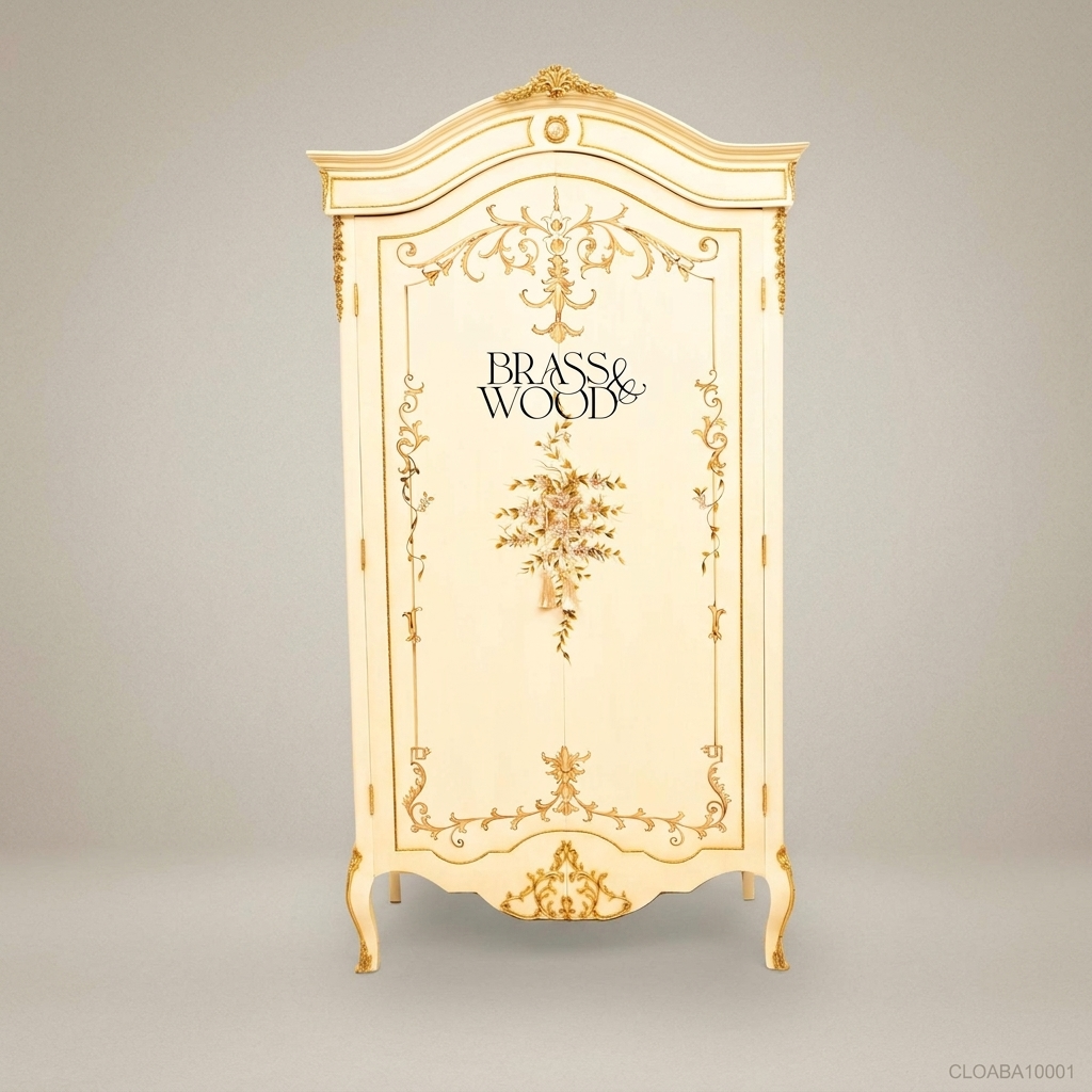 Louis XV Ivory & Gold Leaf Abaya Armoire – Hand-Painted Rococo Single Door