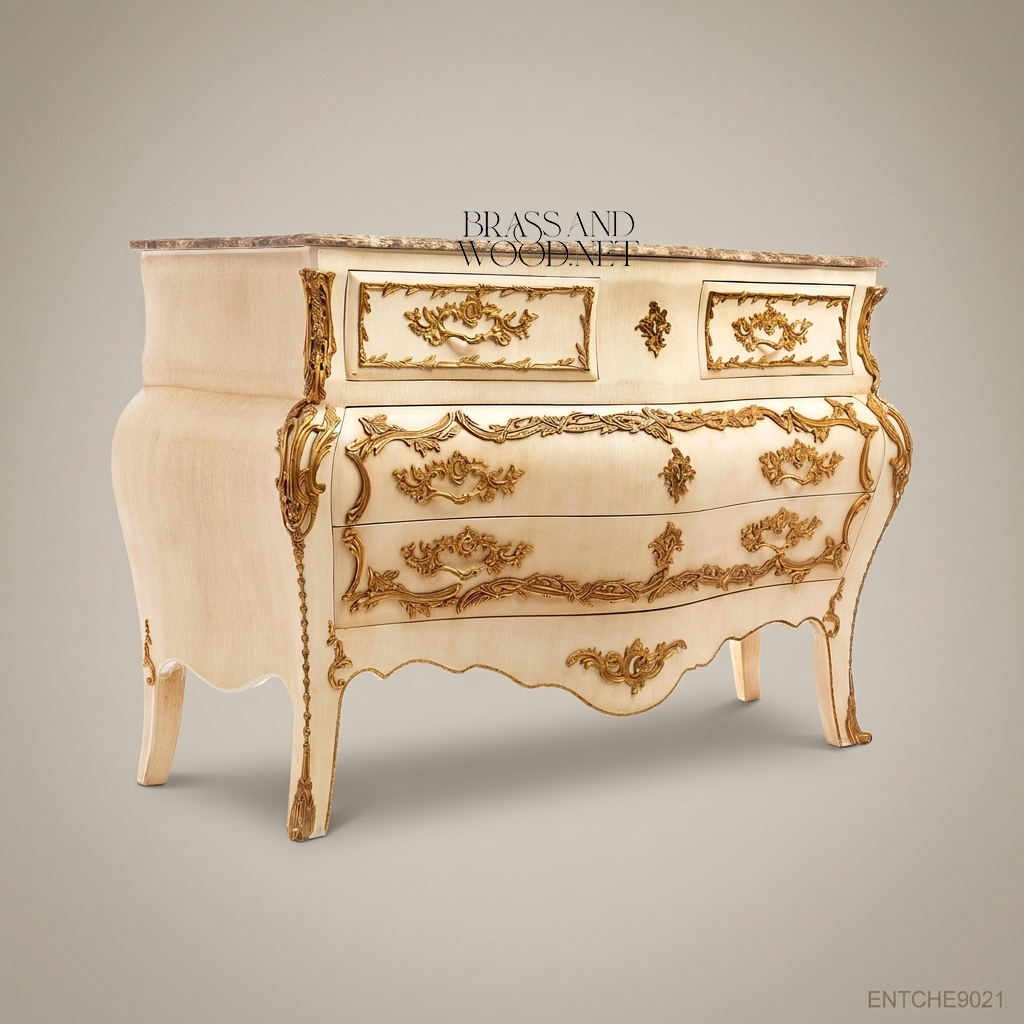 Louis XV Rococo Bombe Commode – Ivory Lacquer & Gold Leaf with Marble Top