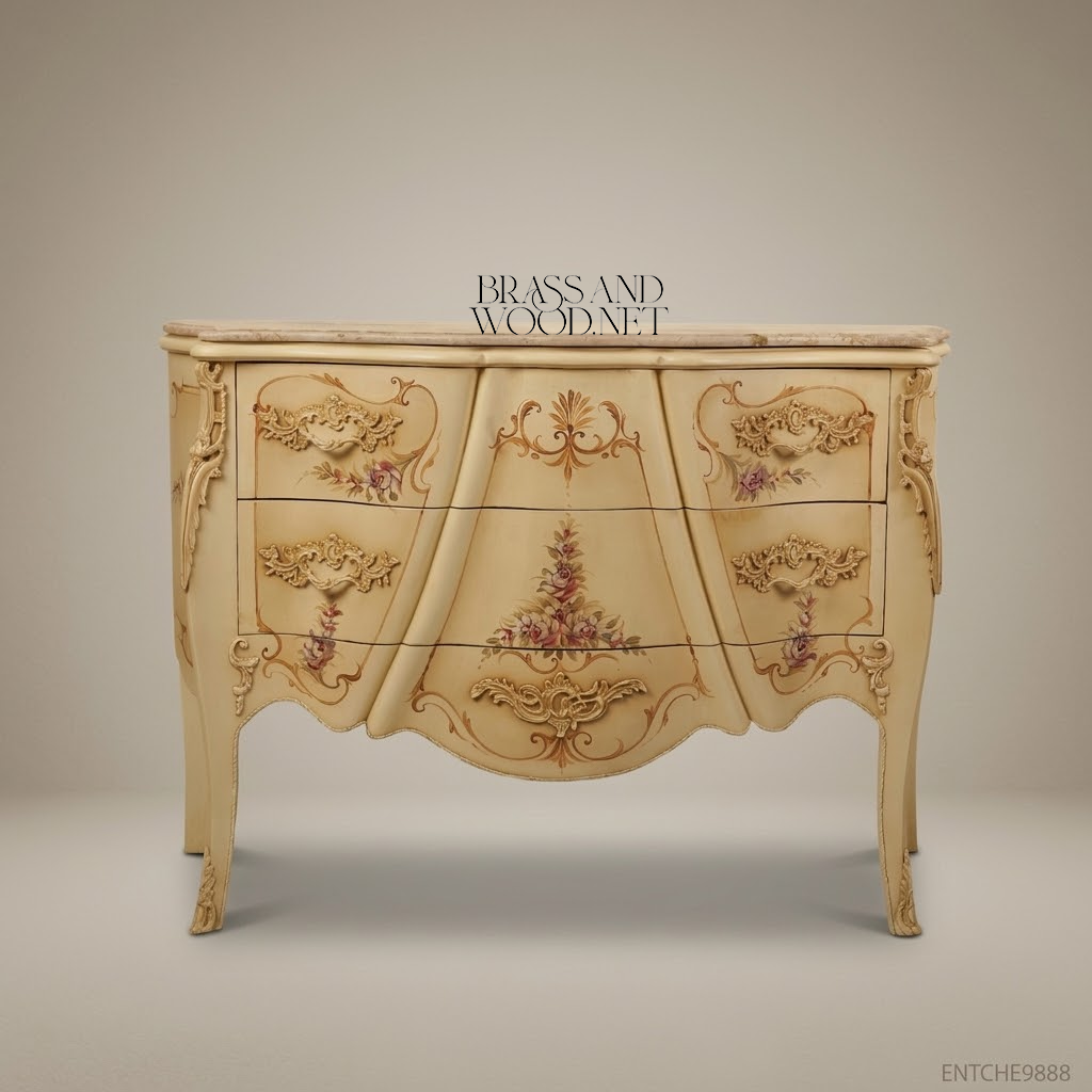 Louis XV Rococo Ivory Lacquer Commode with Hand-Painted Florals & Marble Top