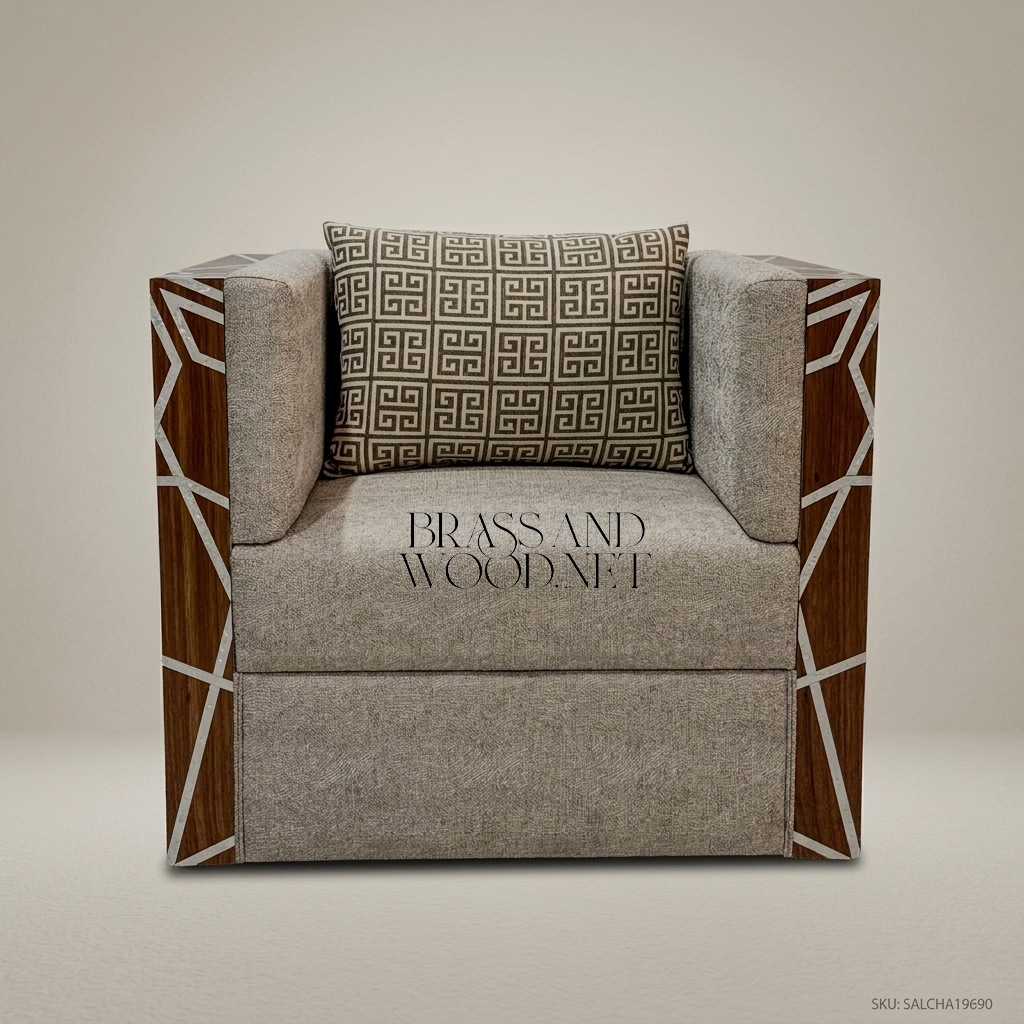 Contemporary Geometric Hardwood & Linen Salon Armchair