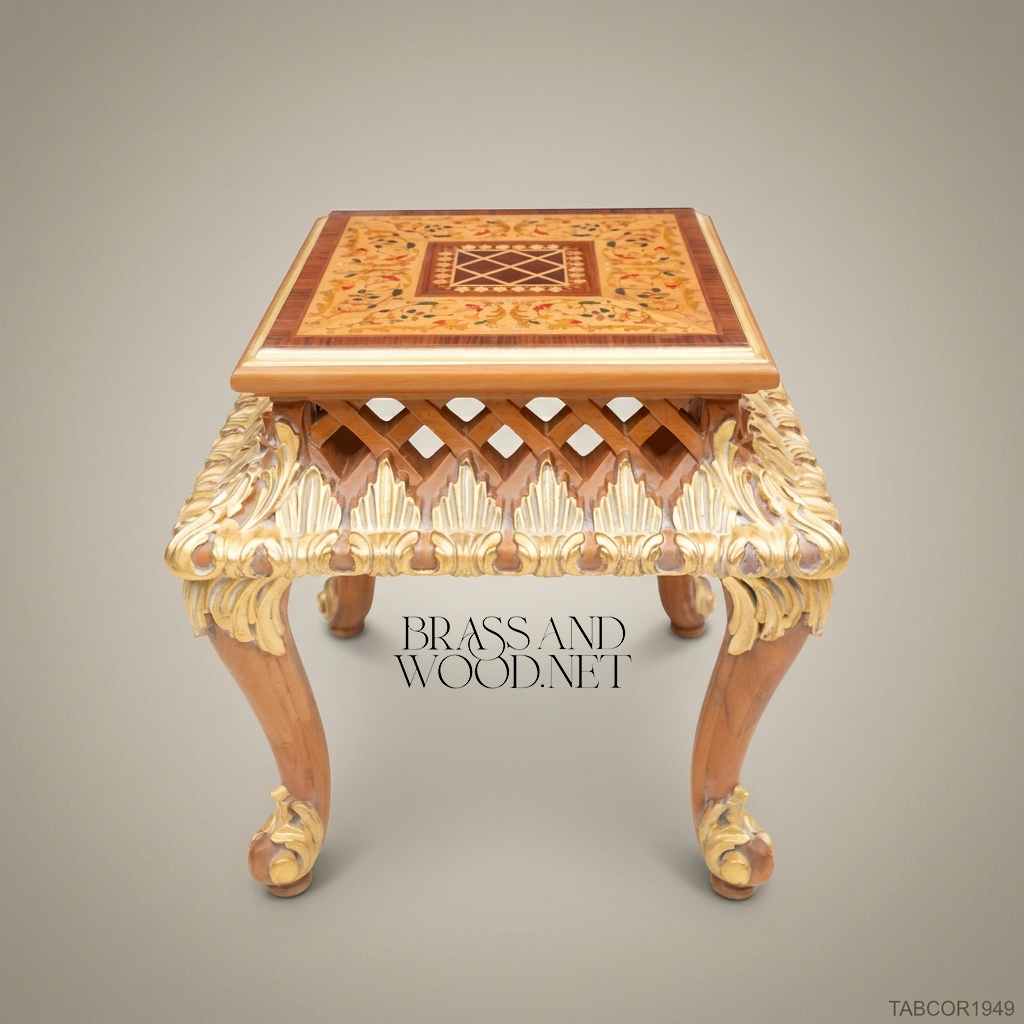 Louis XV Corner Table – Marquetry Top & Gold Leaf Carved Apron