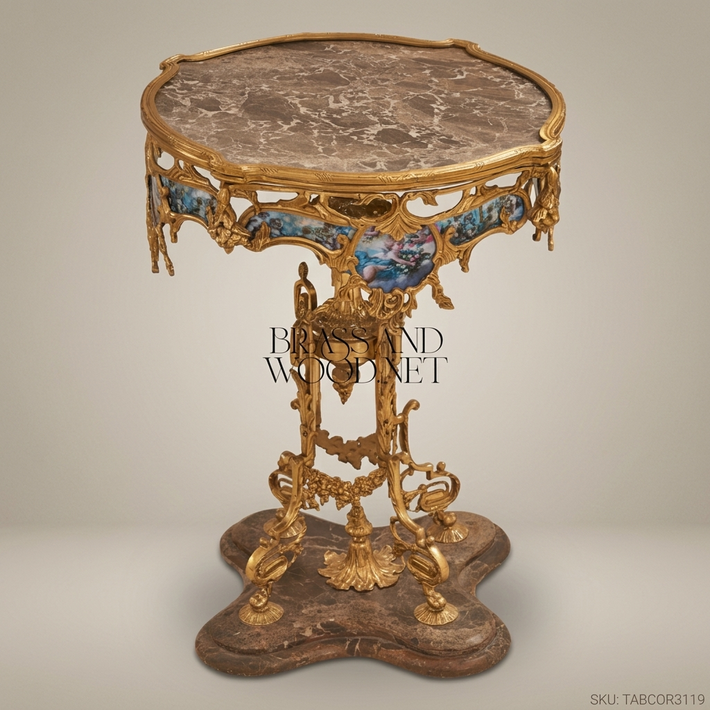Brass Side Table with Natural Marble - Brown