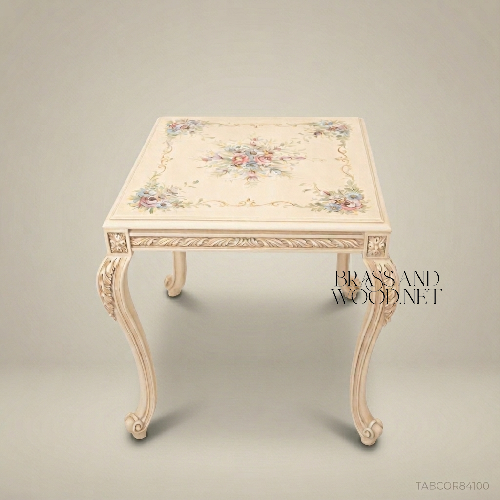 Louis XV Corner Table – Hand-Painted Floral Ivory Lacquer