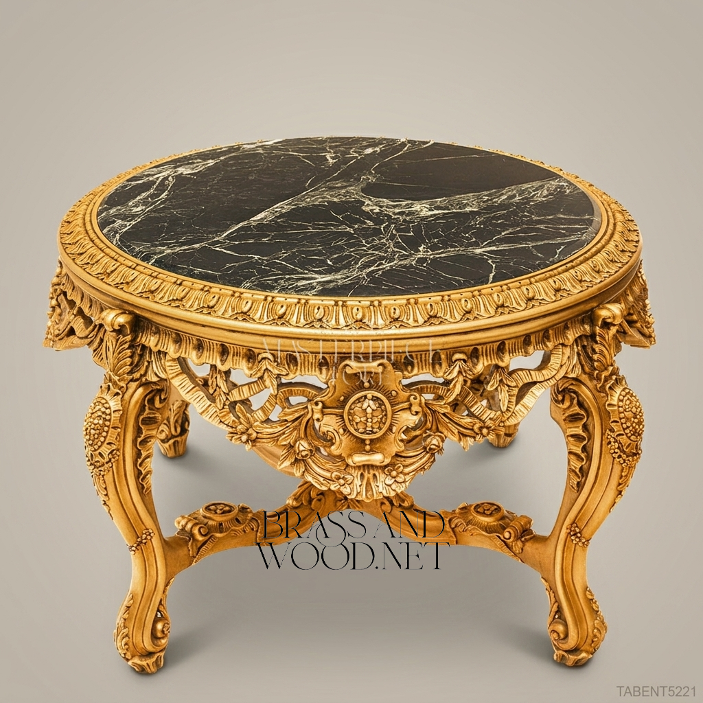 Rococo Revival Gilded Round Center Table with Nero Marquina Marble Top