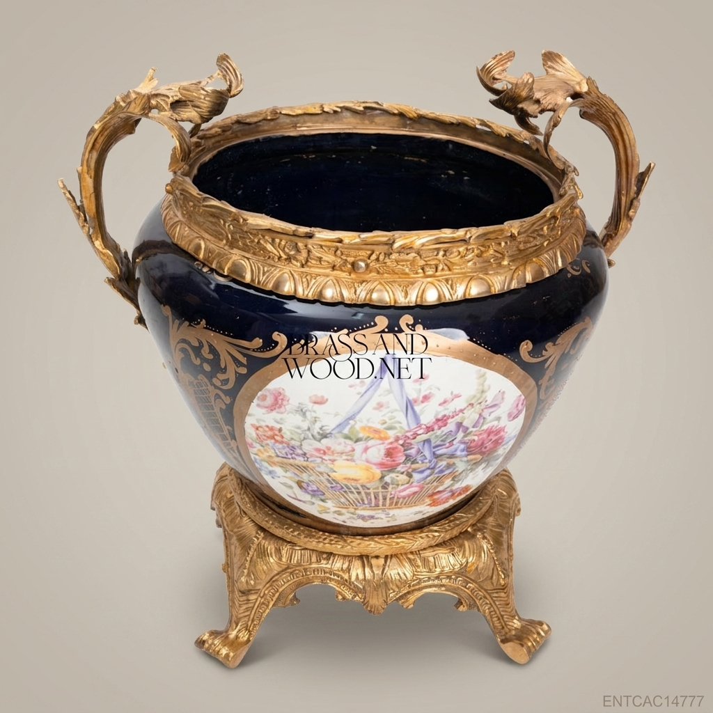 Napoleon III Rococo Revival Cobalt Porcelain Jardinière with Antique Gold Bronze Mounts & Floral Medallion