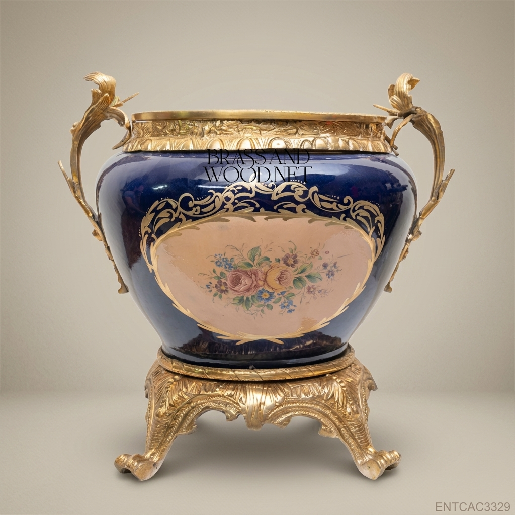 Napoleon III Rococo Revival Cobalt Blue Ceramic Jardinière with Gilt Brass Stand & Acanthus Handles