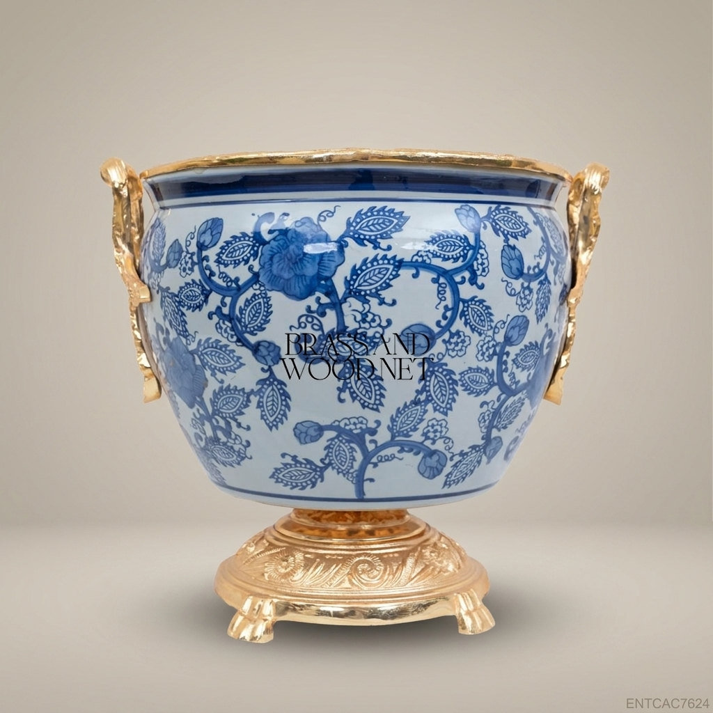 Chinoiserie Blue & White Ceramic Jardinière with Gilt Brass Mounts – Dragon Handle Footed Planter