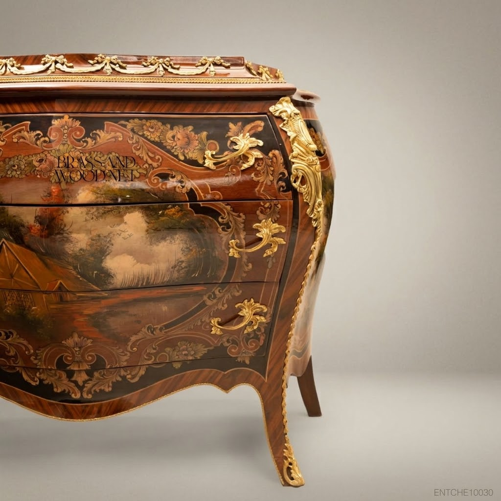 Louis XV Rococo Bombe Commode with Hand-Painted Panels & Gilt Bronze Mounts