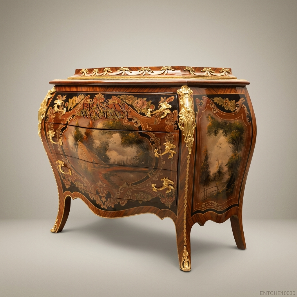 Louis XV Rococo Bombe Commode with Hand-Painted Panels & Gilt Bronze Mounts