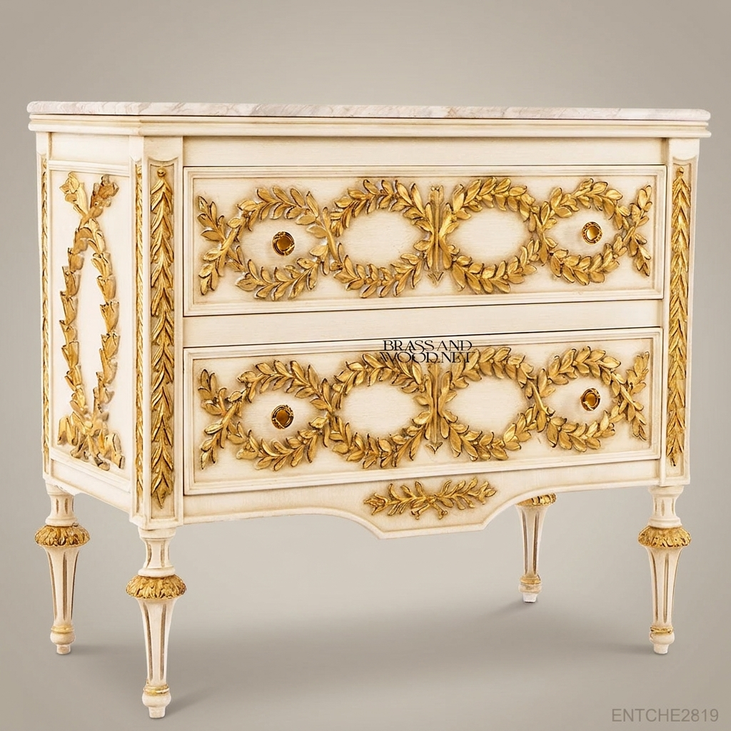 Louis XVI Neoclassical Ivory & Gold Leaf Two-Drawer Commode with Marble Top
