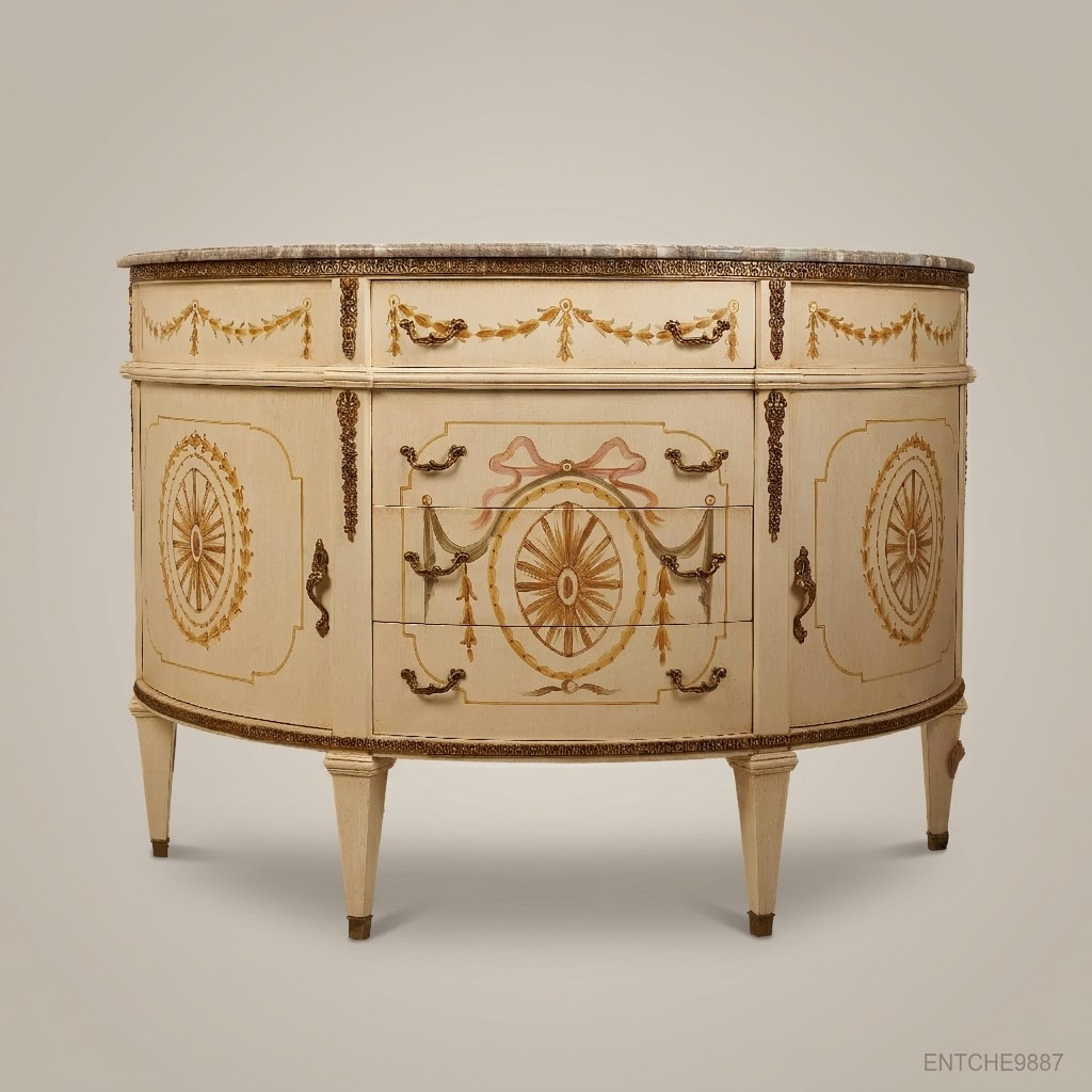Louis XVI Neoclassical Demilune Commode with Marble Top & Hand-Painted Ivory Lacquer