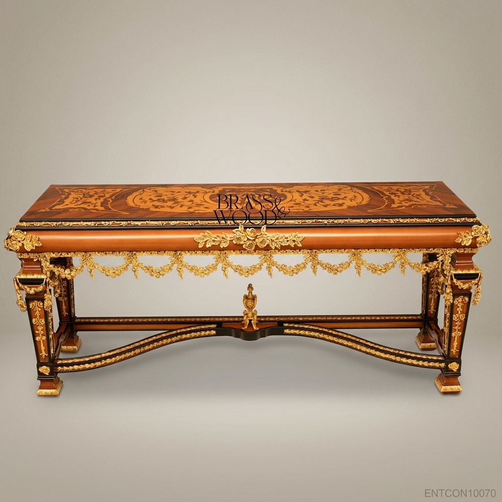 Louis XVI Neoclassical Console Table with Marquetry Top & Ormolu Garlands