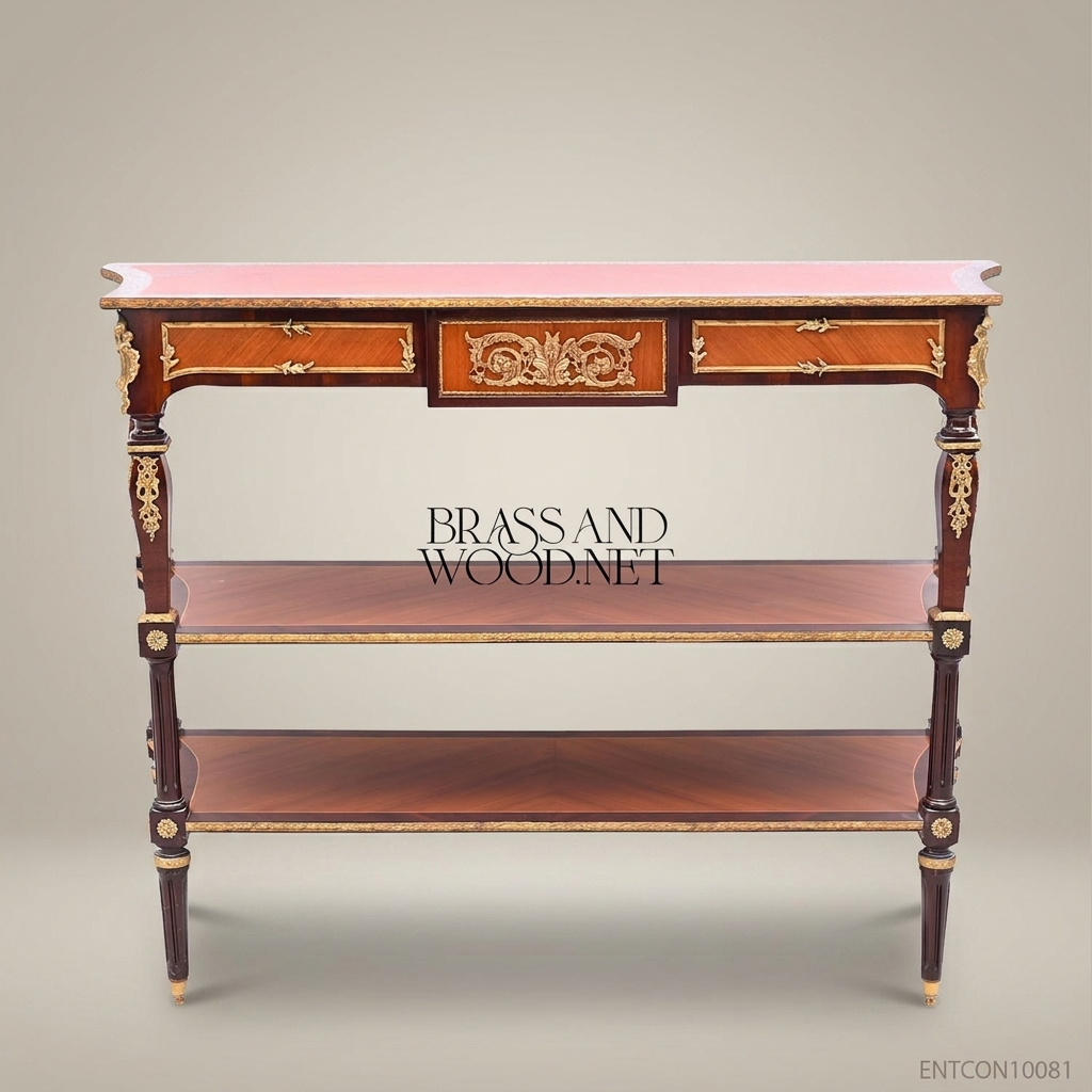 Louis XVI Neoclassical Console Table with Brass Ormolu & Marquetry Shelves