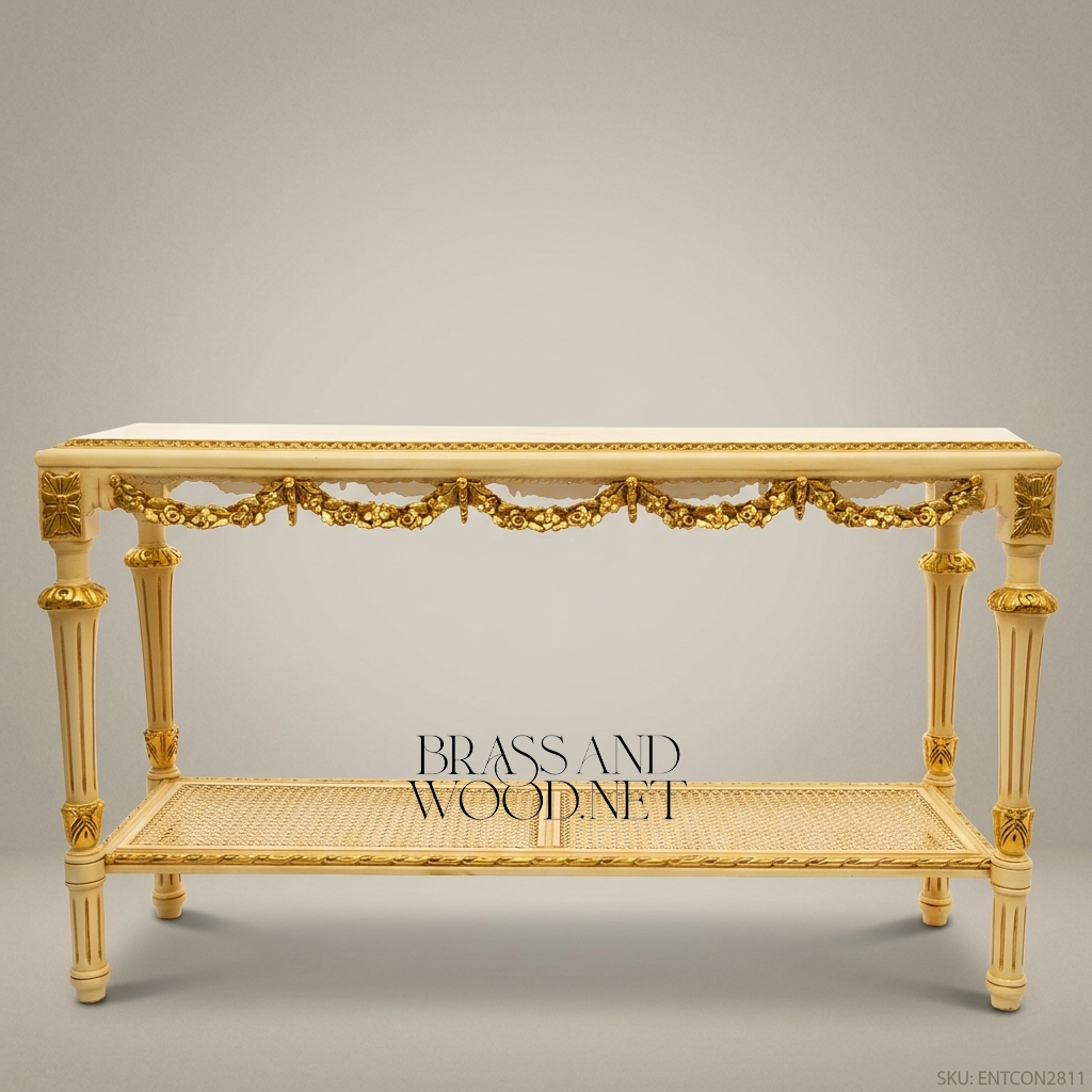 Louis XVI Ivory & Gold Leaf Console Table with Cane Shelves & Floral Swags