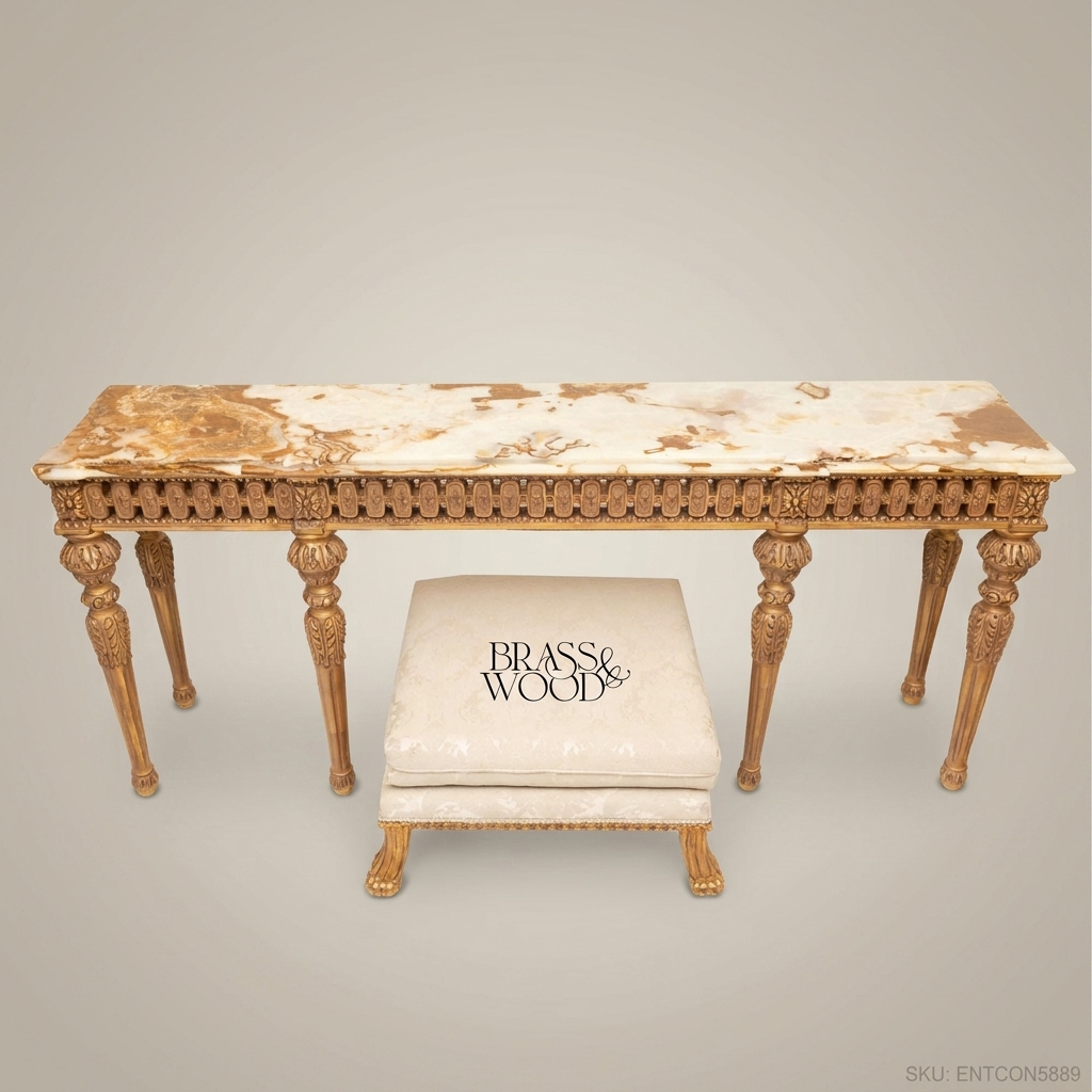Louis XVI Neoclassical Console Table – Gold Leaf Carved Wood & Onyx Marble Top