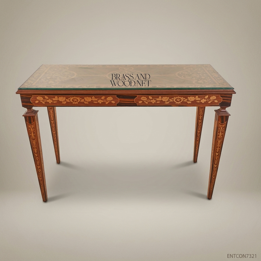 Classic Inlaid Wooden Console Table with Glass Top