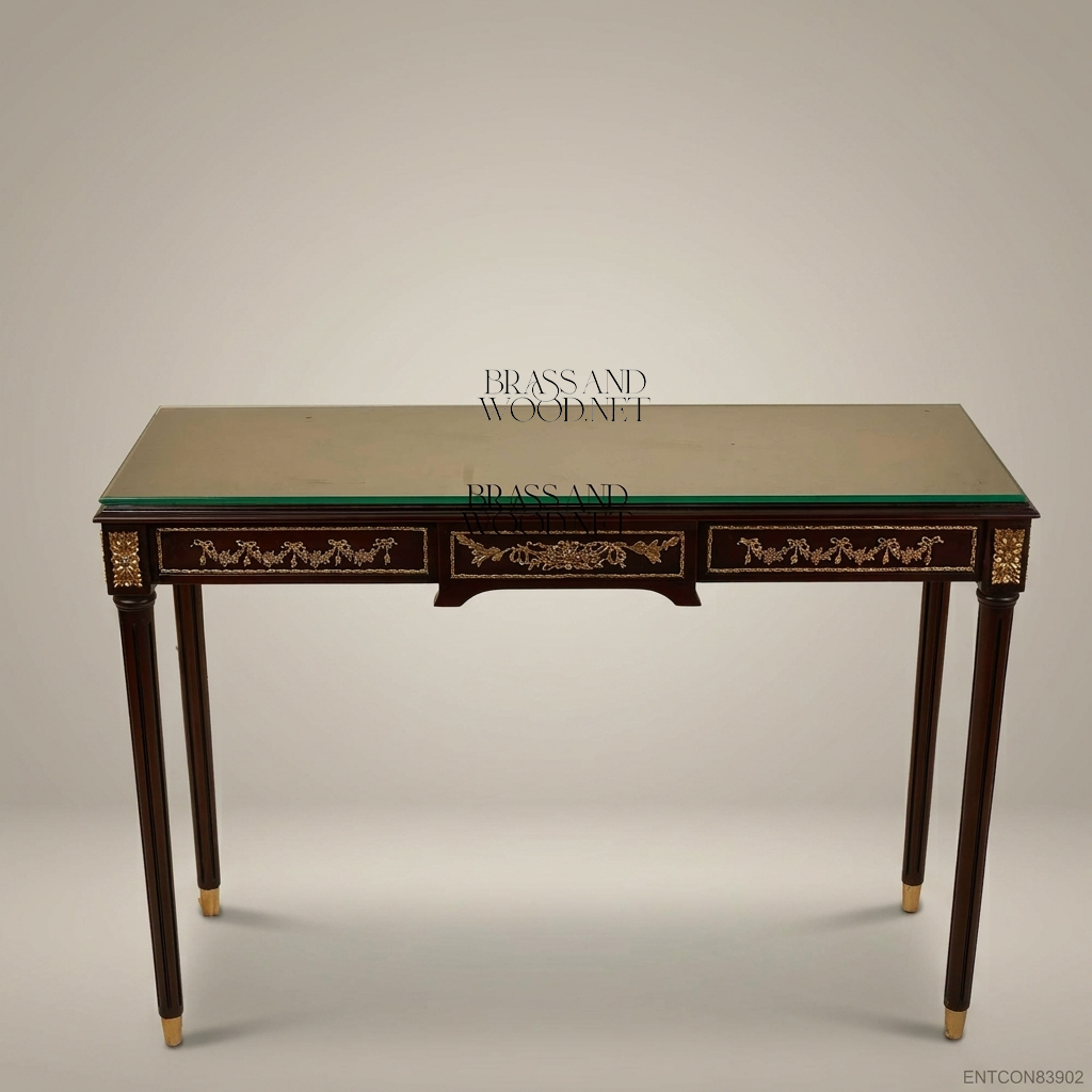 Louis XVI Neoclassical Console Table with Brass Ormolu Mounts & Glass Top