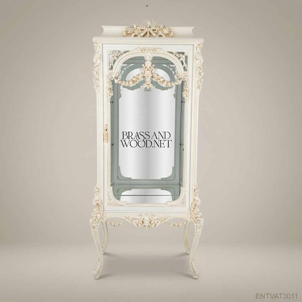 Rococo Revival Ivory Vitrine Cabinet - Hand-Carved Floral Swags & Mirrored Interior