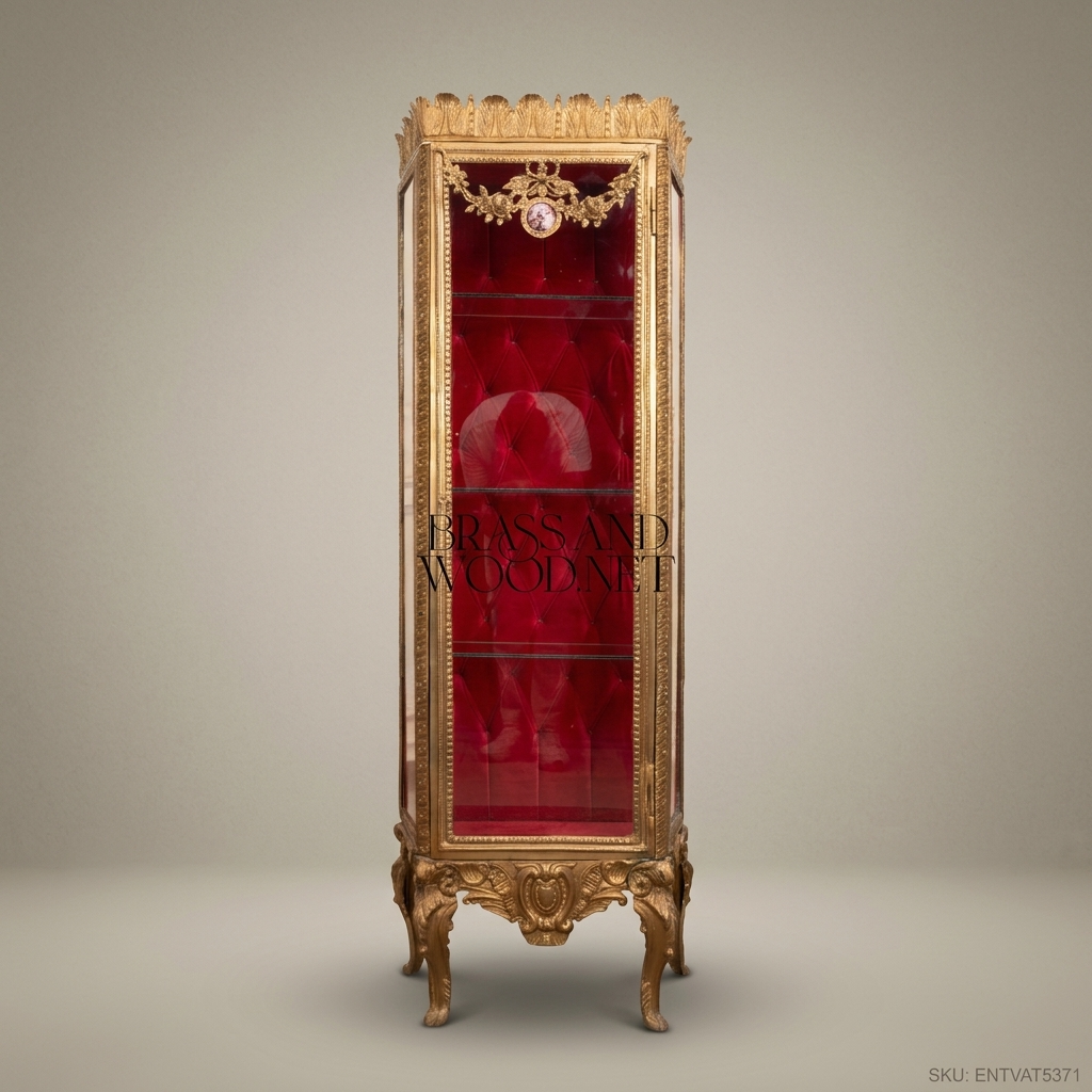 Napoleon III Rococo Revival Gilt Display Vitrine - Crimson Capitonné Interior & Acanthus Crown