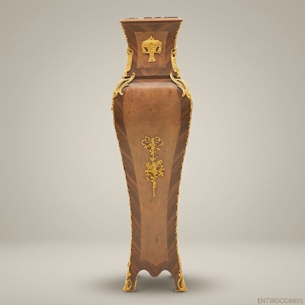 Napoleon III Rococo Revival Marquetry Wood Pedestal Column - Gilt Bronze Vase-Form with Marble Top