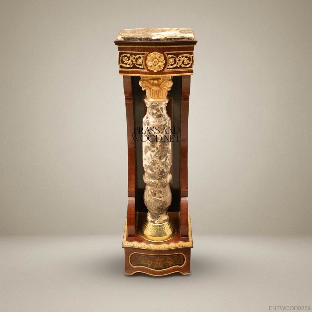 Napoleon III Marquetry Wood Pedestal Column with Marble Shaft & Gilt Corinthian Capital