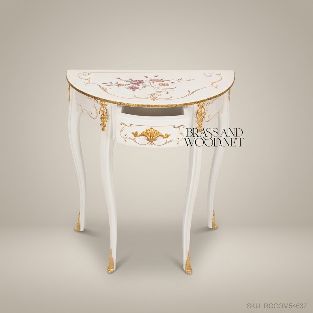 Rococo Demi-Lune Console Table with Gold Leaf Accents & Floral Inlay