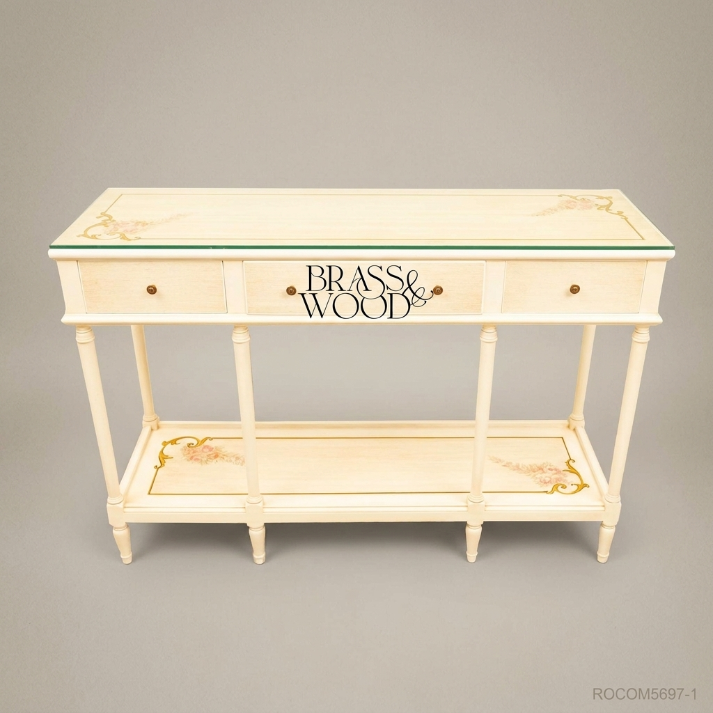 Classic Cream Wooden Console Table with Glass Top