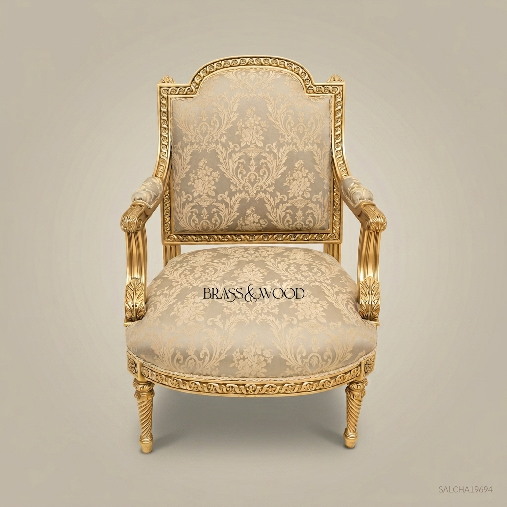 Louis XV Salon Side Chair with Gilt Wood Frame & Brocade Upholstery