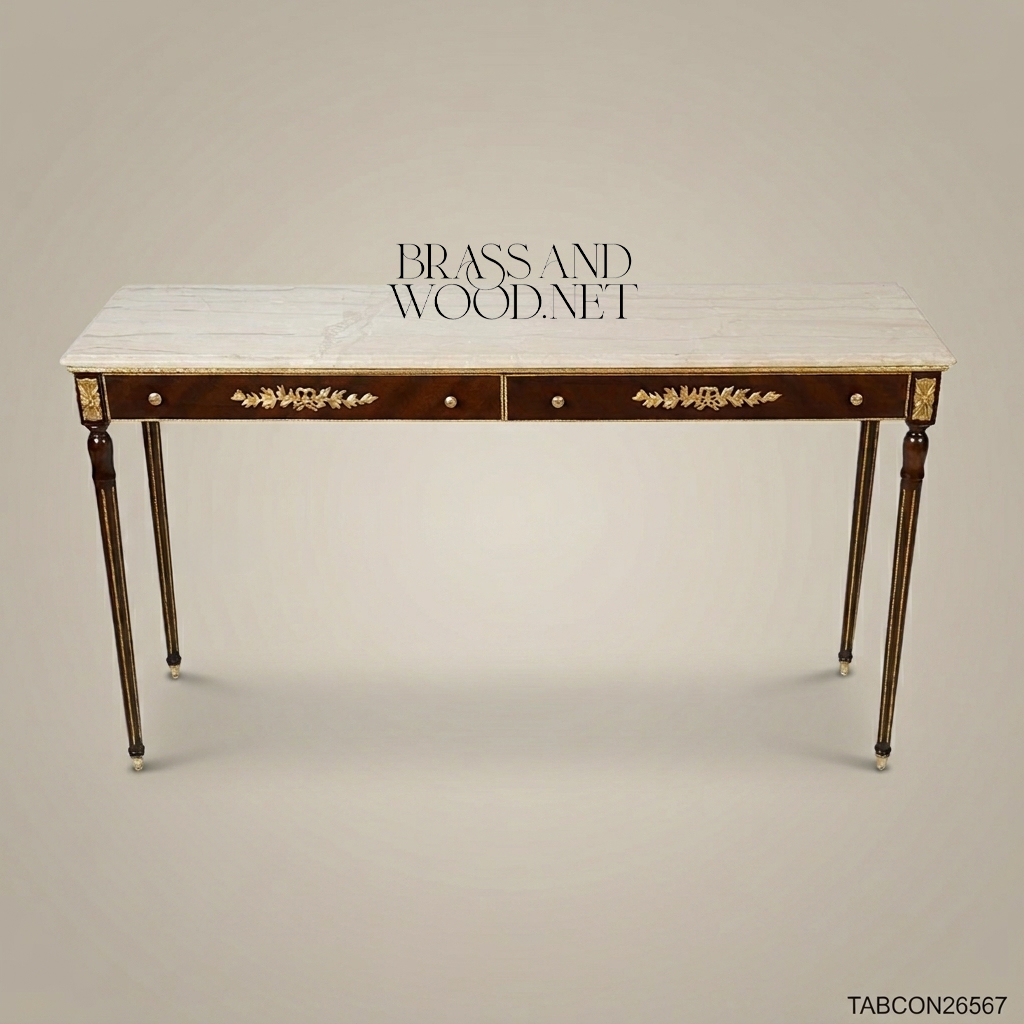 Louis XVI Neoclassical Console Table with Marble Top & Gilt Bronze Ormolu