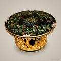 Brass & Wood Baroque Round Dining Table with Hand-Painted Black Floral Top — 6 Persons