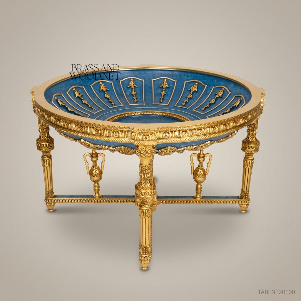 Louis XVI Neoclassical Round Centre Table — Gilt Carved Frame with Blue Panel Apron & Urn Stretcher