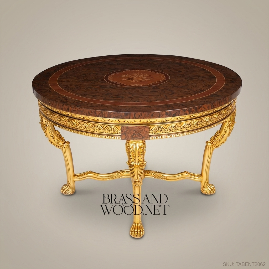 Napoleon III Rococo Revival Round Centre Table — Burl Marquetry Top & Gilt Carved Base, 140cm
