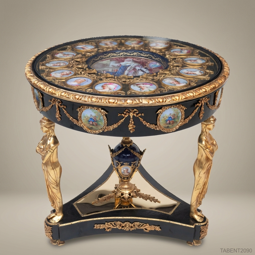 Napoleon III Ebonized Guéridon with Sèvres Porcelain Medallions & Gilt Bronze Caryatid Legs