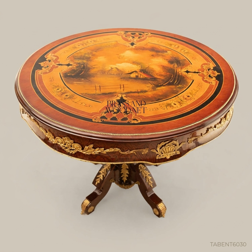 Napoleon III Rococo Revival Round Centre Table with Hand-Painted Landscape Top & Gilt Bronze Mounts