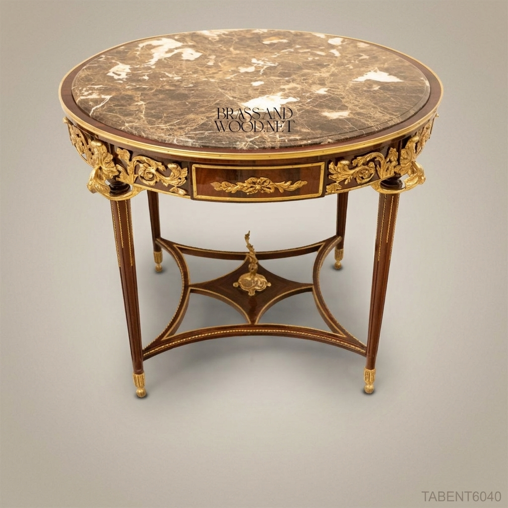 Louis XVI Neoclassical Round Guéridon Table — Emperador Marble, Marquetry Apron & Gilt Ormolu Mounts