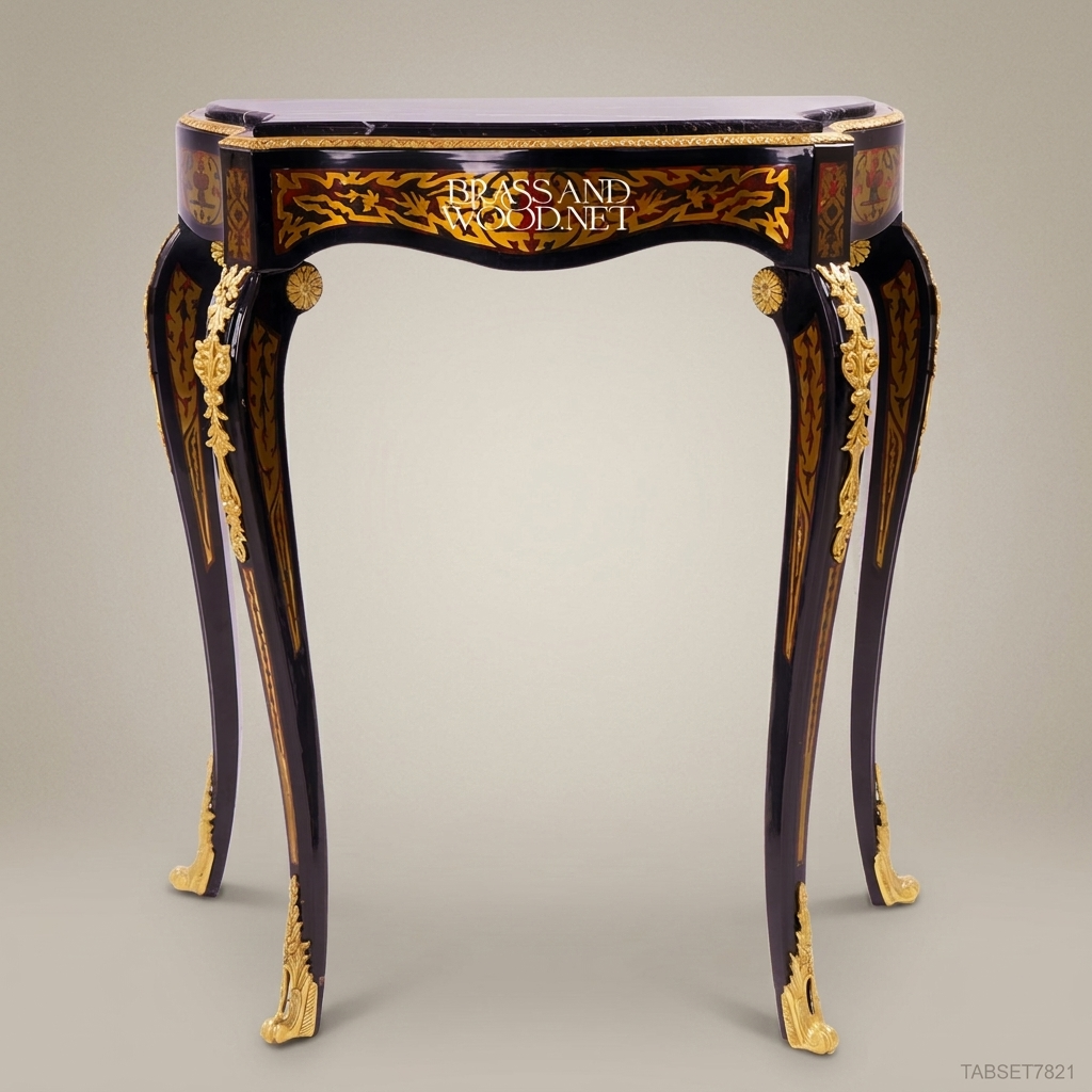 Classic Black Marble Top Console Table with Brass Accents