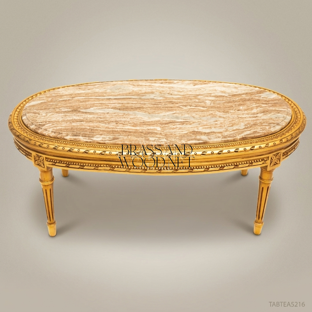 Louis XVI Oval Gilded Wood Salon Coffee Table with Marble Top