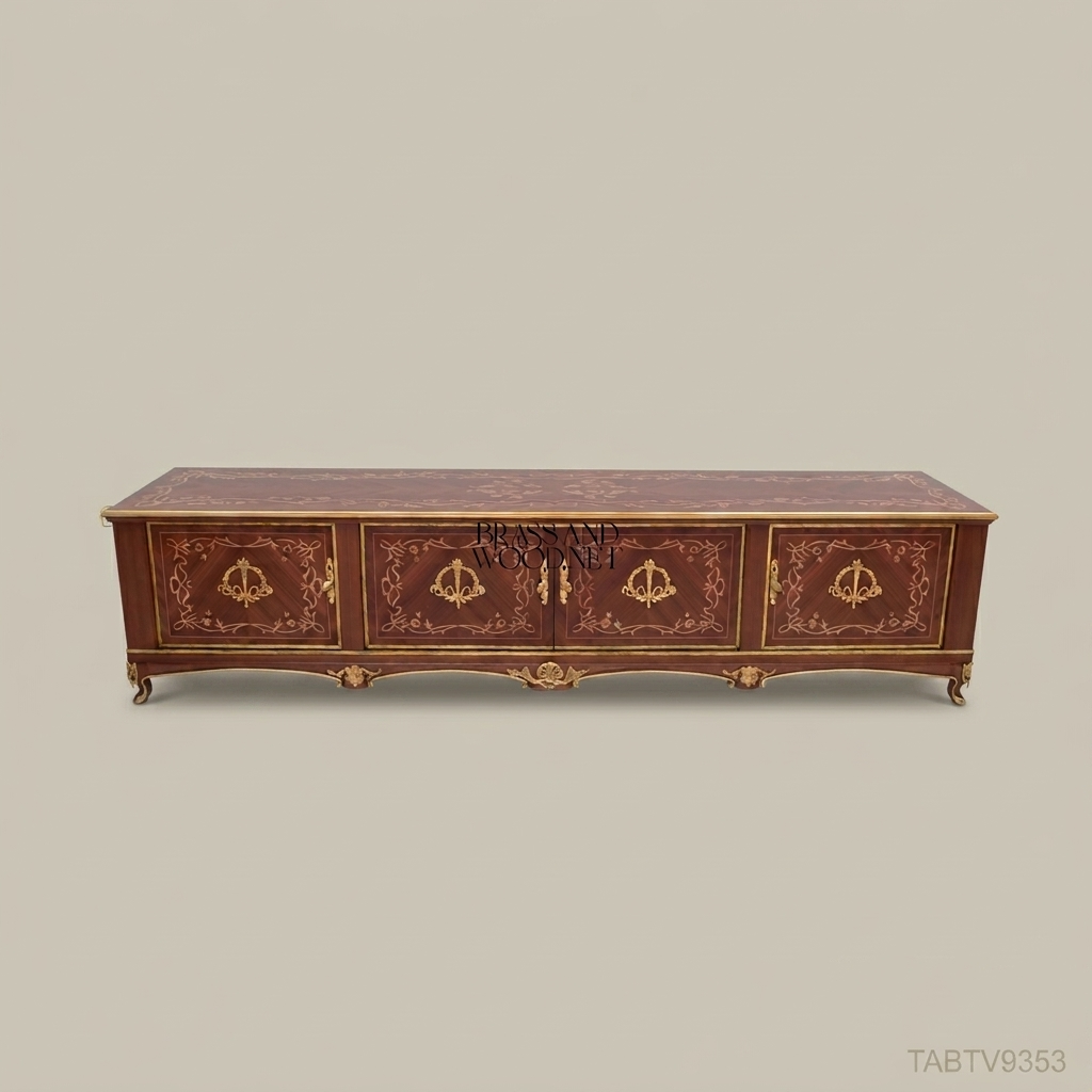 Napoleon III Rococo Revival TV Console — Lacquered Mahogany with Gilt Brass Strapwork & Four-Door Cabinet