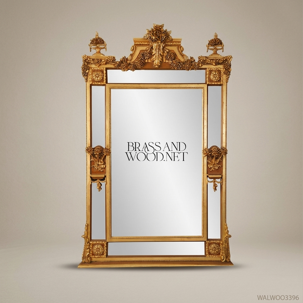 Napoleon III Rococo Revival Gilded Floor Mirror - Segmented Frame with Urn Crest & Mascaron Brackets
