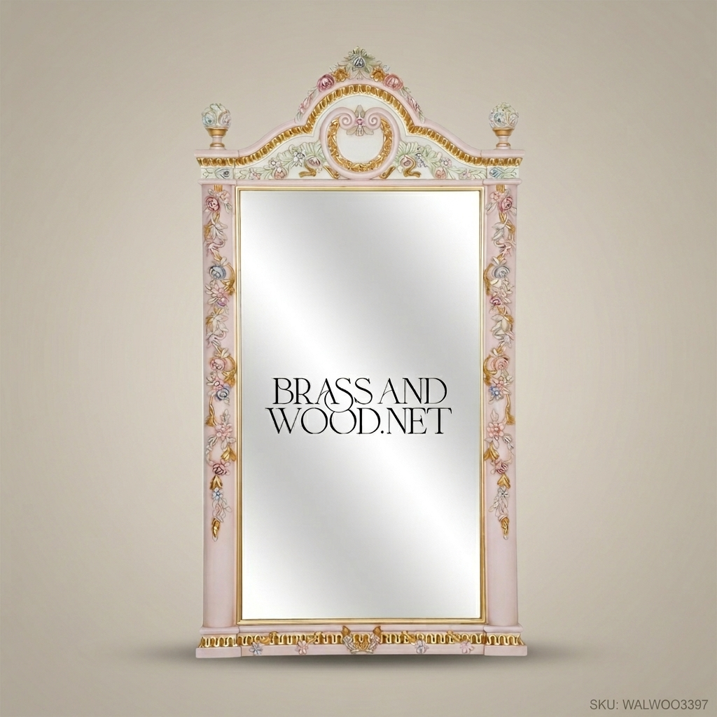 Rococo Full-Length Floor Mirror – Dusty Rose Carved Wood & Gold Leaf Floral Frame