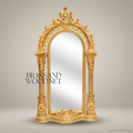 Napoleon III Baroque Revival Gilded Arched Floor Mirror – Corinthian Column Pilasters & Mascaron Base