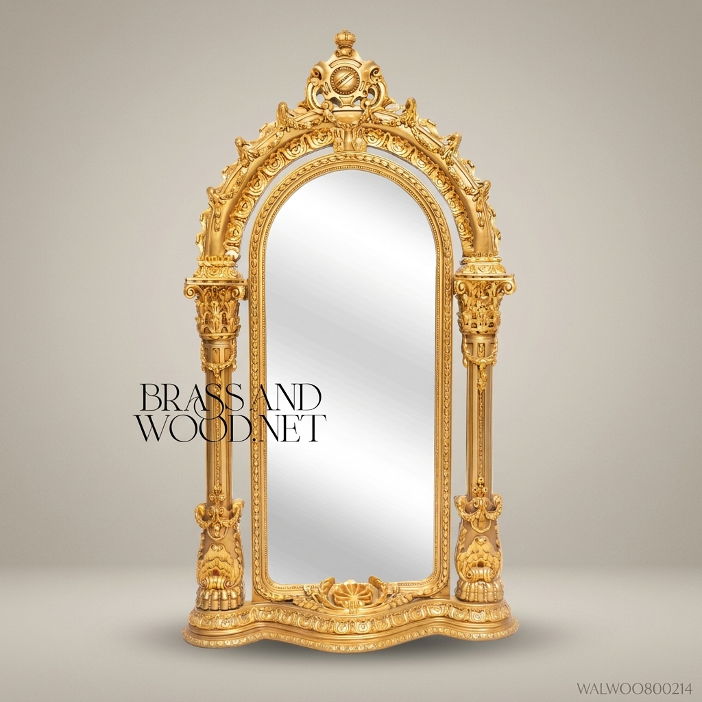 Napoleon III Baroque Revival Gilded Arched Floor Mirror – Corinthian Column Pilasters & Mascaron Base