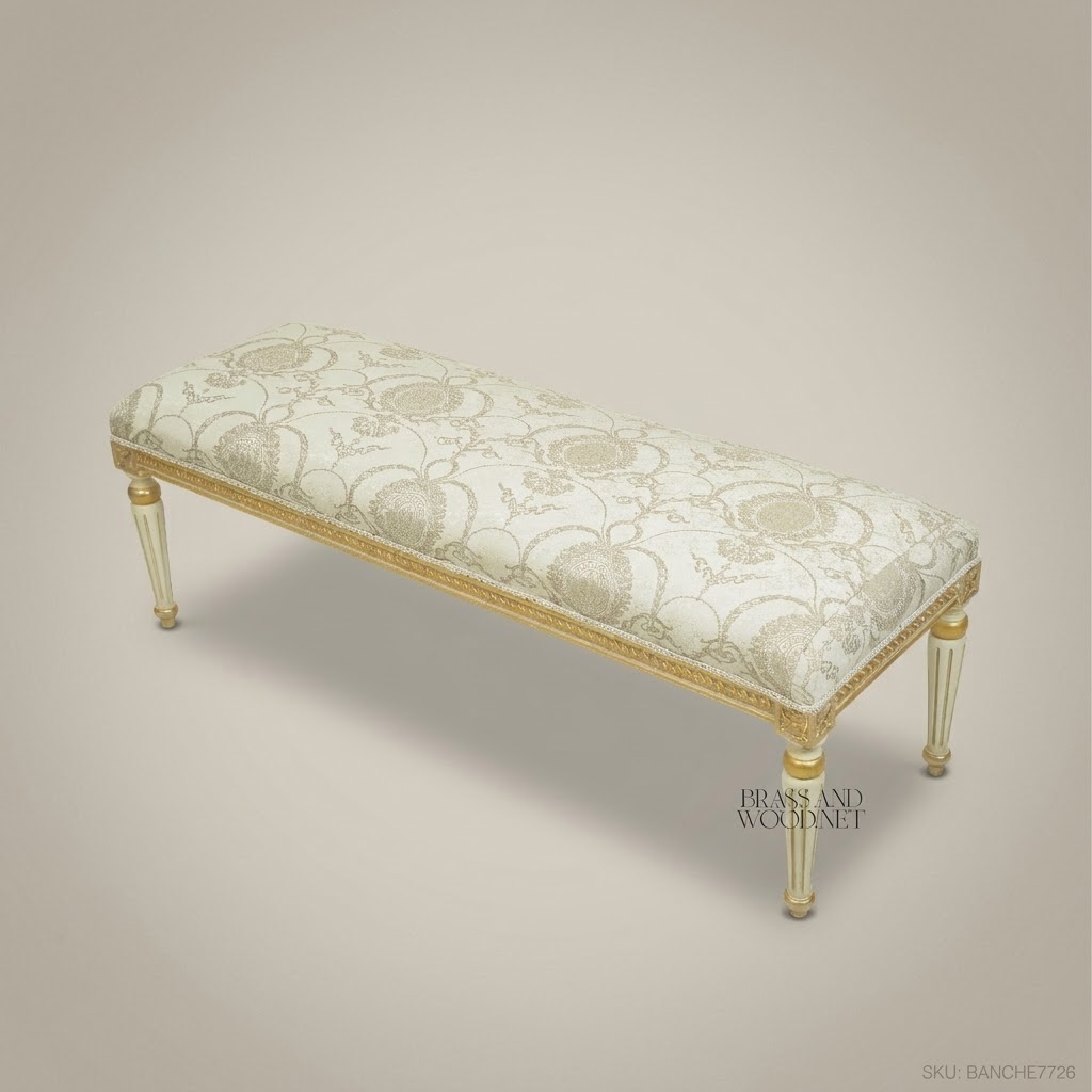 Louis XVI Neoclassical Ivory & Gold Bedroom Bench - Fluted Legs & Damask Upholstery