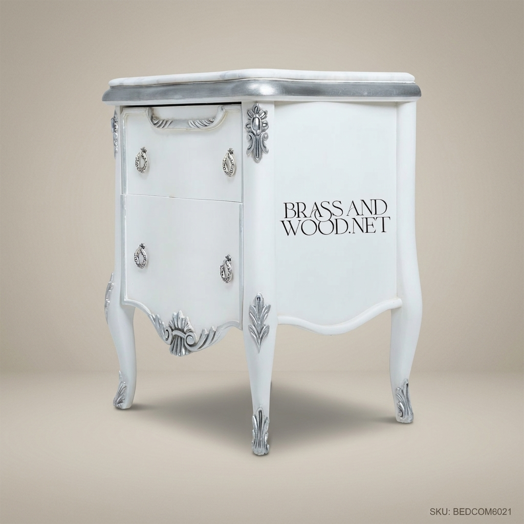 Rococo Revival Silver-Leafed Nightstand with Marble Top & Velvet-Lined Drawers