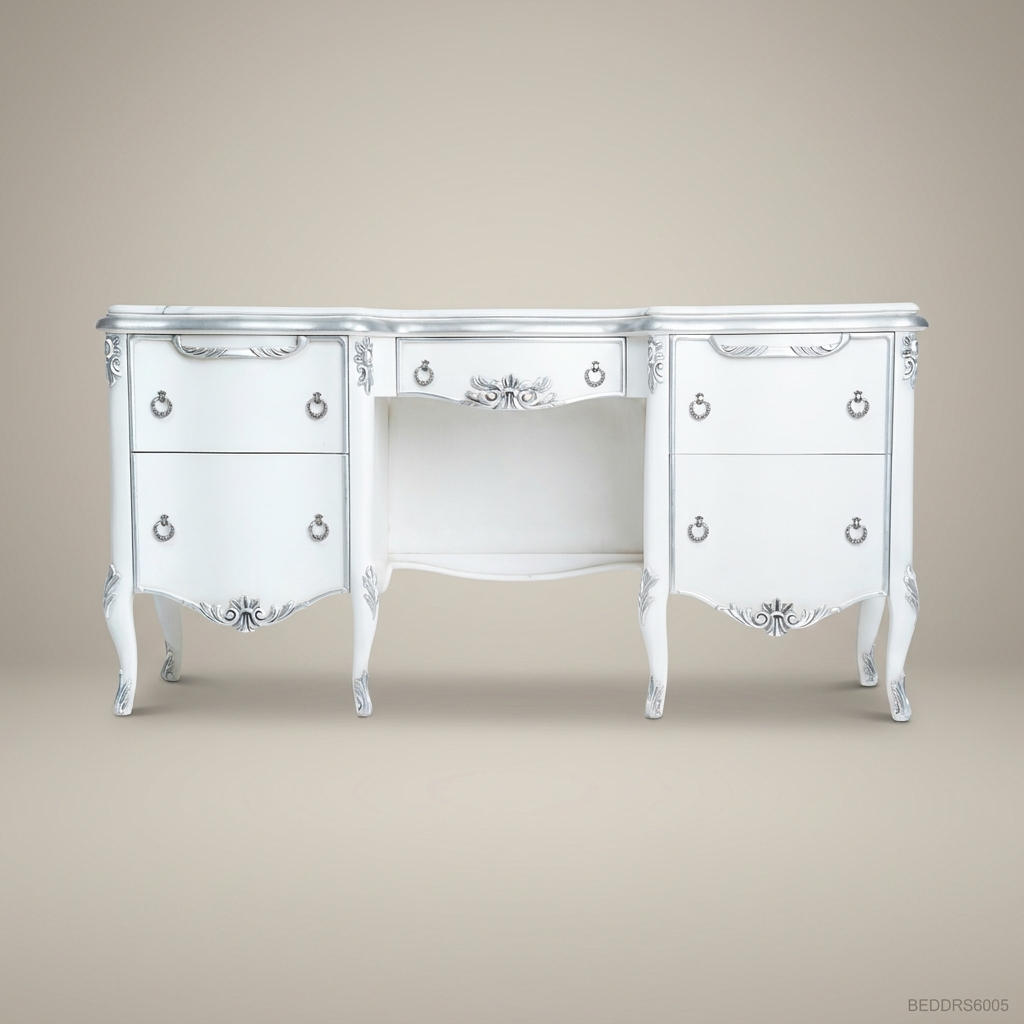 Louis XV Rococo Revival White Lacquer Dressing Table with Silver-Leaf Shell-Crest Mirror