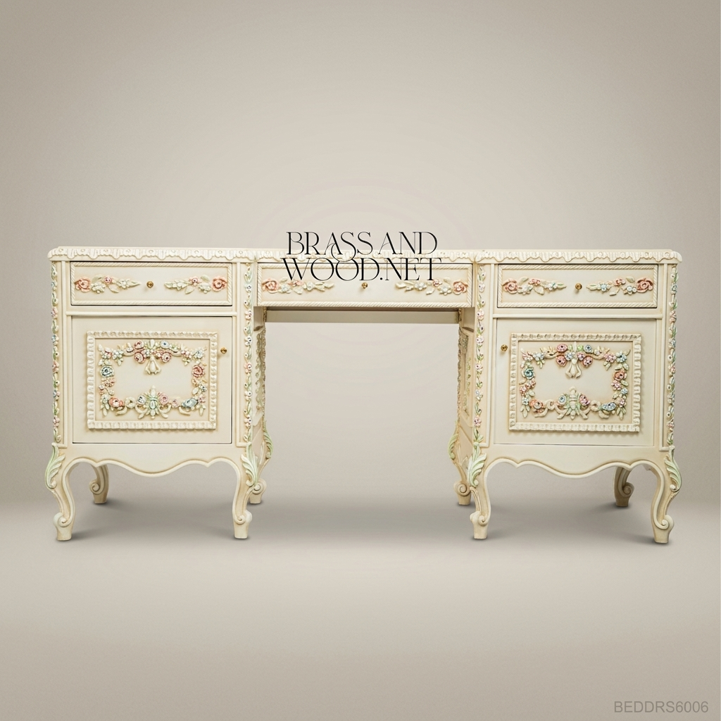 Napoleon III Rococo Revival Hand-Painted Ivory Bedroom Set - Polychrome Floral Carved Suite