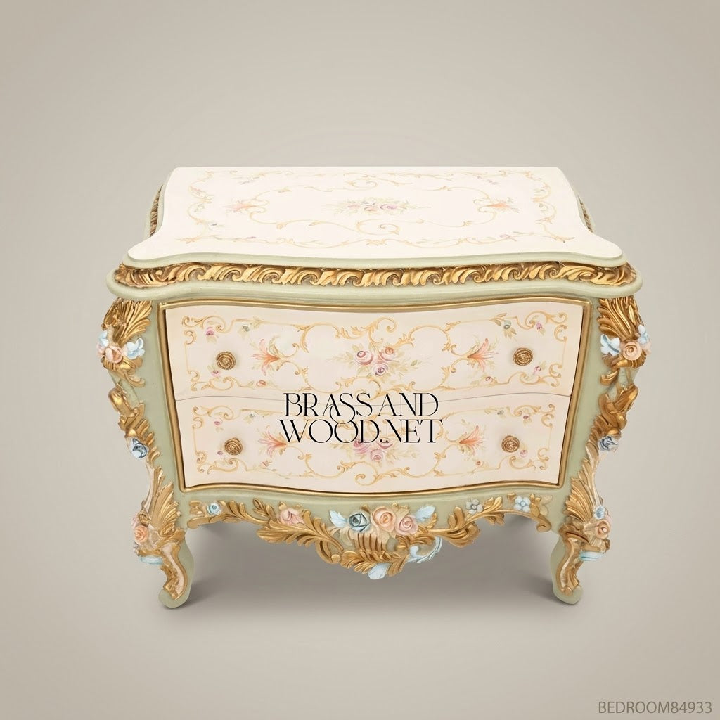 Louis XV Rococo Venetian Polychrome Canopy Bedroom Set with Hand-Painted Floral Bombé Commodes