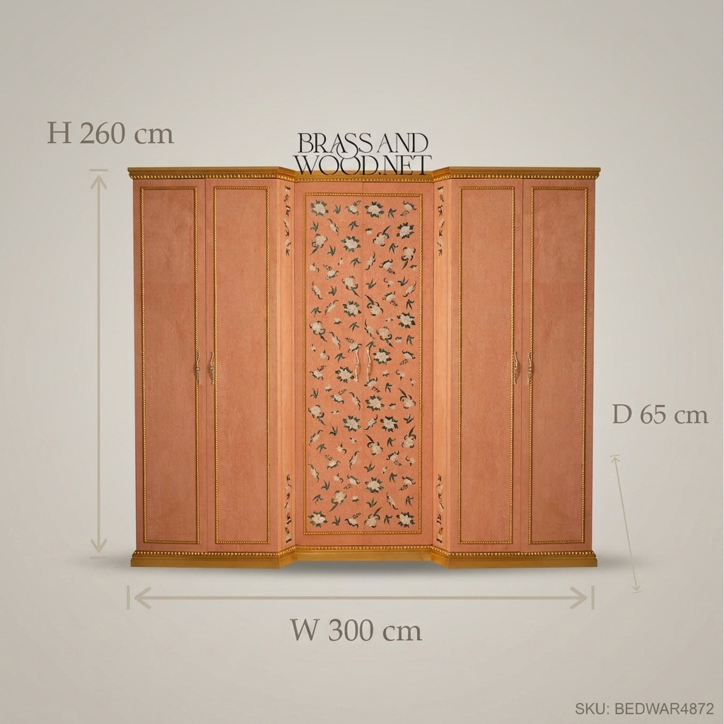 Belle Époque Hand-Painted Floral Five-Door Wardrobe in Cherry & Gold